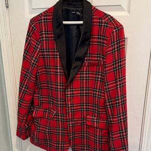 SHEIN Red Plaid Blazer with Black Lapel